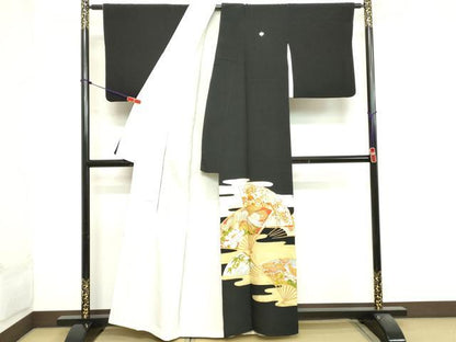 平和屋着物■豪華黒留袖　駒刺繍　扇花鳥文　金彩　正絹　逸品　DAAY3668cd