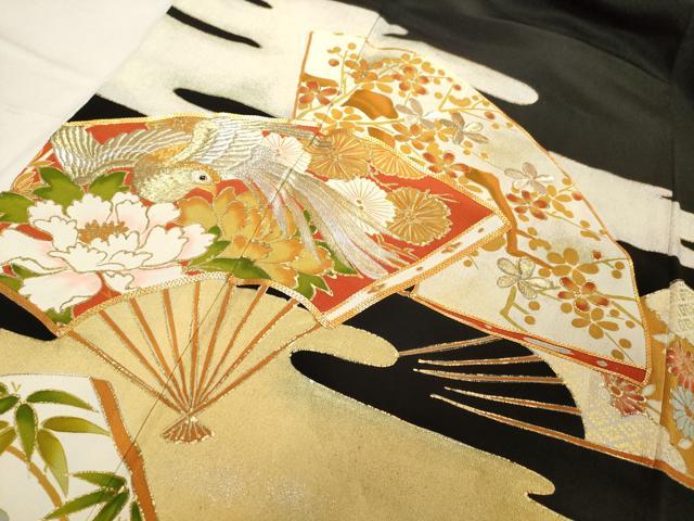 平和屋着物■豪華黒留袖　駒刺繍　扇花鳥文　金彩　正絹　逸品　DAAY3668cd