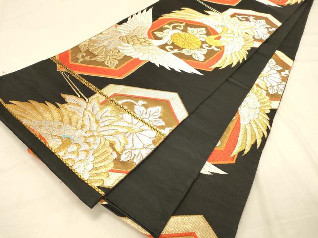 平和屋着物◎六通柄袋帯　唐織　飛鶴亀甲菊唐草　黒地　金銀糸　正絹　逸品　DAAY4030jm