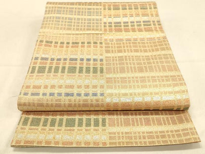 平和屋着物◎六通柄袋帯　市松格子文　金銀糸　正絹　逸品　DAAY4033jm