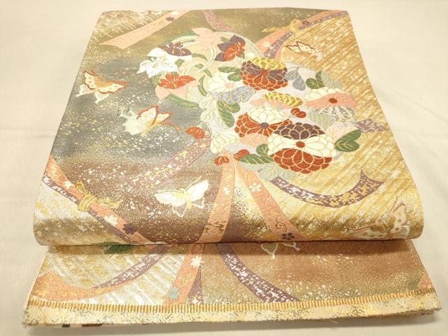 平和屋着物◎両面　六通柄袋帯　唐織　花蝶丸文　金銀糸　正絹　逸品　DAAY4057jm