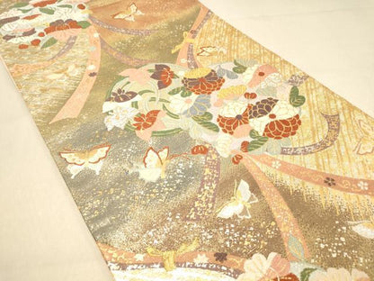 平和屋着物◎両面　六通柄袋帯　唐織　花蝶丸文　金銀糸　正絹　逸品　DAAY4057jm