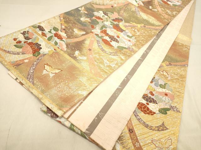 平和屋着物◎両面　六通柄袋帯　唐織　花蝶丸文　金銀糸　正絹　逸品　DAAY4057jm