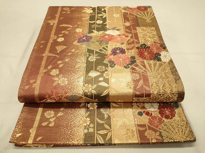 平和屋着物◎両面　六通柄袋帯　唐織　扇面花文　金糸　正絹　逸品　DAAY4062jm