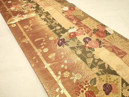 平和屋着物◎両面　六通柄袋帯　唐織　扇面花文　金糸　正絹　逸品　DAAY4062jm