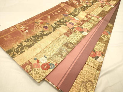 平和屋着物◎両面　六通柄袋帯　唐織　扇面花文　金糸　正絹　逸品　DAAY4062jm