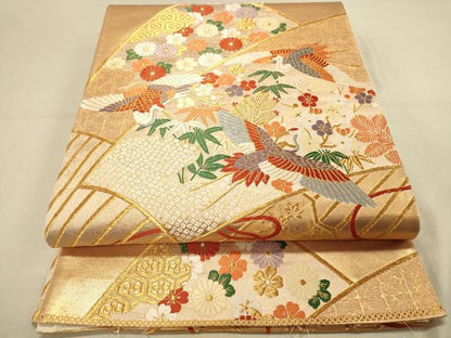 平和屋着物◎六通柄袋帯　唐織　扇面飛鶴花文　松竹梅　金糸　正絹　逸品　DAAY4065jm