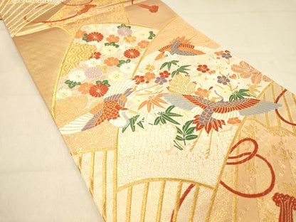 平和屋着物◎六通柄袋帯　唐織　扇面飛鶴花文　松竹梅　金糸　正絹　逸品　DAAY4065jm