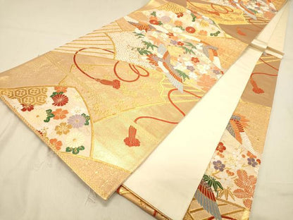 平和屋着物◎六通柄袋帯　唐織　扇面飛鶴花文　松竹梅　金糸　正絹　逸品　DAAY4065jm