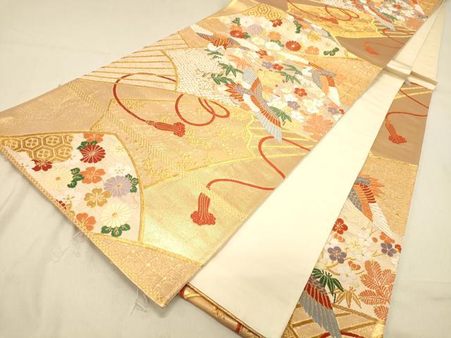 平和屋着物◎六通柄袋帯　唐織　扇面飛鶴花文　松竹梅　金糸　正絹　逸品　DAAY4065jm