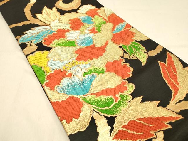 平和屋着物◎六通柄袋帯　唐織　牡丹文　黒地　金糸　正絹　逸品　DAAY4071jm