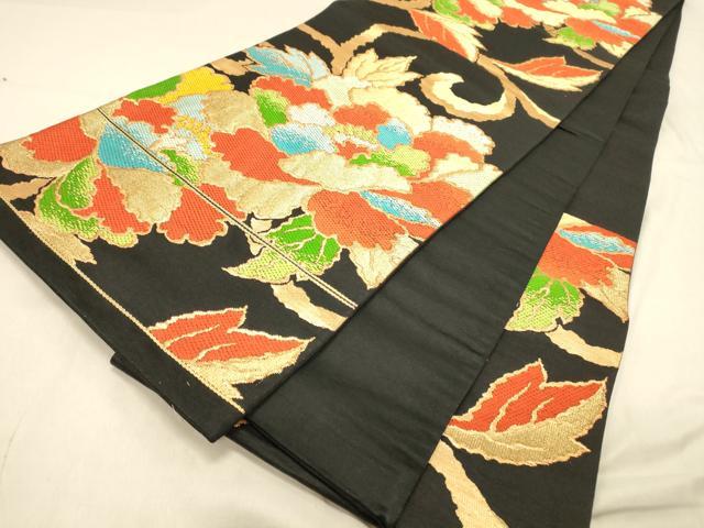 平和屋着物◎六通柄袋帯　唐織　牡丹文　黒地　金糸　正絹　逸品　DAAY4071jm