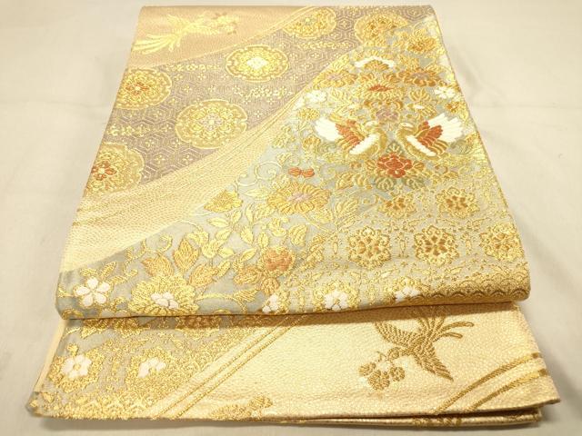 平和屋着物◎六通柄袋帯　双鳥草花文　花喰い鳥　金糸　正絹　逸品　DAAY4104jm