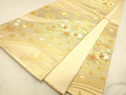 平和屋着物◎六通柄袋帯　双鳥草花文　花喰い鳥　金糸　正絹　逸品　DAAY4104jm