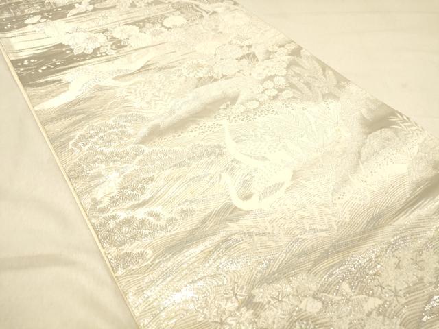 平和屋着物◎六通柄袋帯　唐織　群鶴吉祥花文　プラチナ箔　正絹　逸品　DAAY4119jm