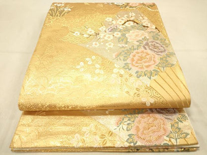 平和屋着物◎六通柄袋帯　唐織　扇面蒔絵花文　金銀糸　正絹　逸品　DAAY4201jm