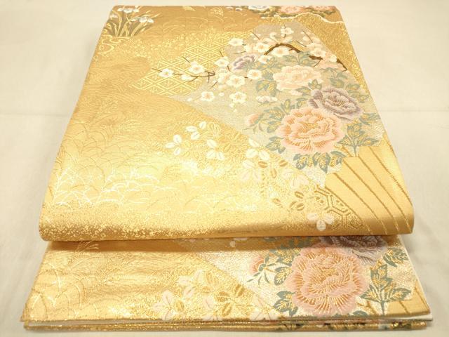 平和屋着物◎六通柄袋帯　唐織　扇面蒔絵花文　金銀糸　正絹　逸品　DAAY4201jm