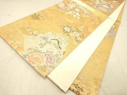 平和屋着物◎六通柄袋帯　唐織　扇面蒔絵花文　金銀糸　正絹　逸品　DAAY4201jm