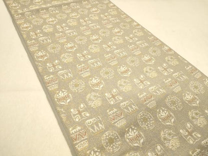 平和屋着物◎六通柄京袋帯　抽象草花文　金糸　正絹　逸品　DAAY4258jm