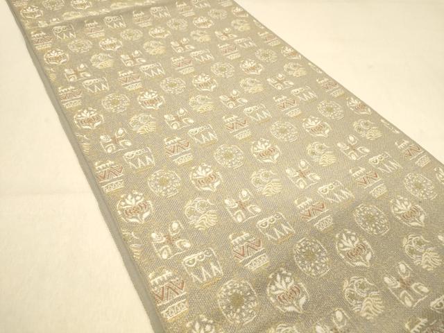 平和屋着物◎六通柄京袋帯　抽象草花文　金糸　正絹　逸品　DAAY4258jm