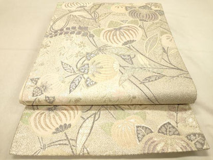 平和屋着物◎六通柄袋帯　草花文　銀糸　正絹　逸品　DAAY4312jm