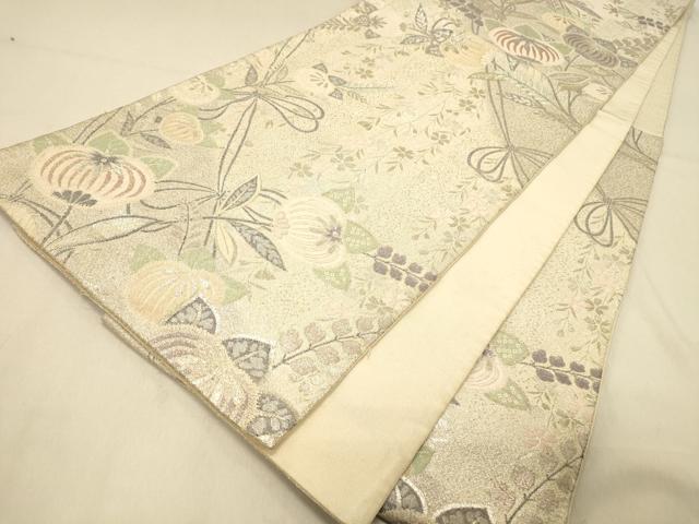 平和屋着物◎六通柄袋帯　草花文　銀糸　正絹　逸品　DAAY4312jm