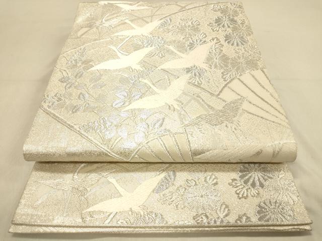平和屋着物◎佐賀錦　六通柄袋帯　唐織　扇面飛鶴花文　銀糸　正絹　逸品　DAAY4319jm