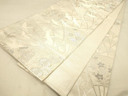 平和屋着物◎佐賀錦　六通柄袋帯　唐織　扇面飛鶴花文　銀糸　正絹　逸品　DAAY4319jm