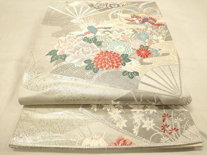平和屋着物◎六通柄袋帯　唐織　麗花鳥扇紋　プラチナ二重箔　正絹　逸品　DAAY4353jm