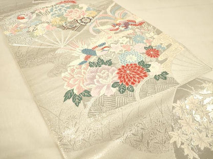 平和屋着物◎六通柄袋帯　唐織　麗花鳥扇紋　プラチナ二重箔　正絹　逸品　DAAY4353jm