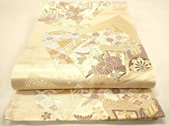 平和屋着物◎六通柄袋帯　唐織　色紙御所車花鳥文　正絹　逸品　DAAY4354jm
