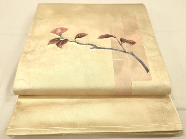 平和屋着物◎太鼓柄袋帯　竹に枝椿　引箔　正絹　逸品　DAAY4377jm