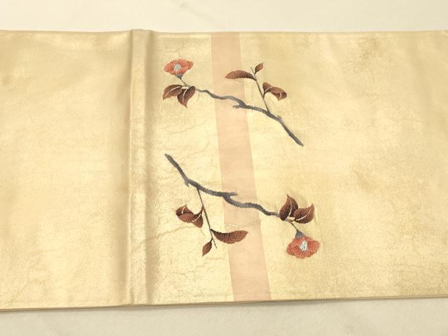 平和屋着物◎太鼓柄袋帯　竹に枝椿　引箔　正絹　逸品　DAAY4377jm
