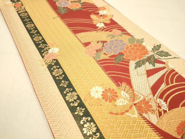 平和屋着物◎六通柄袋帯　唐織　片輪車花蝶文　金糸　正絹　逸品　DAAY4385jm