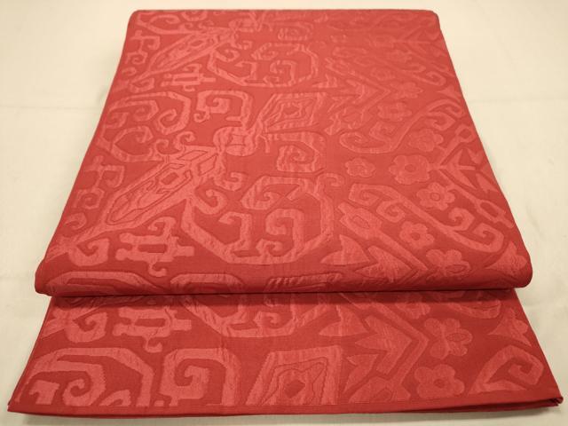 平和屋着物◎六通柄　本袋帯　抽象更紗花文　臙脂色　正絹　逸品　DAAY4404jm