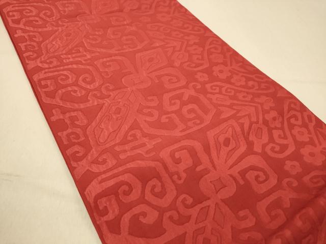 平和屋着物◎六通柄　本袋帯　抽象更紗花文　臙脂色　正絹　逸品　DAAY4404jm