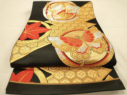 平和屋着物◎六通柄袋帯 唐織 花蝶丸文 黒地 金銀糸 正絹 逸品 DAAY4441jm