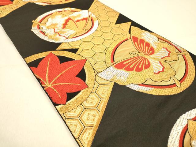 平和屋着物◎六通柄袋帯 唐織 花蝶丸文 黒地 金銀糸 正絹 逸品 DAAY4441jm