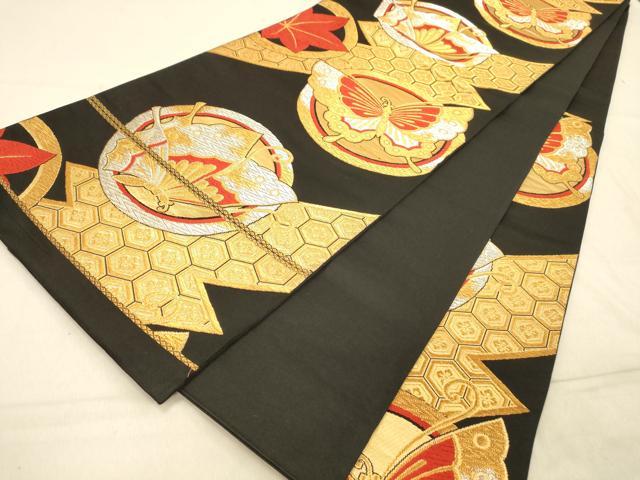 平和屋着物◎六通柄袋帯 唐織 花蝶丸文 黒地 金銀糸 正絹 逸品 DAAY4441jm