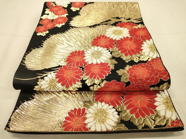 平和屋着物◎六通柄袋帯 吉祥花文 黒地 金銀糸 正絹 逸品 DAAY4444jm