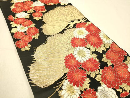 平和屋着物◎六通柄袋帯 吉祥花文 黒地 金銀糸 正絹 逸品 DAAY4444jm