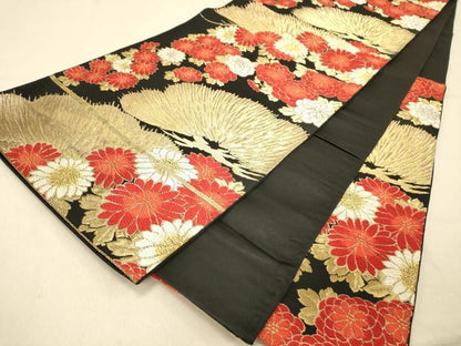 平和屋着物◎六通柄袋帯 吉祥花文 黒地 金銀糸 正絹 逸品 DAAY4444jm