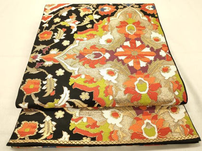 平和屋着物◎六通柄 本袋帯 更紗花文 黒地 金糸 正絹 逸品 DAAY4445jm