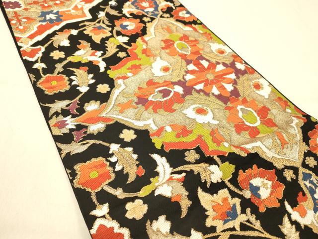 平和屋着物◎六通柄 本袋帯 更紗花文 黒地 金糸 正絹 逸品 DAAY4445jm