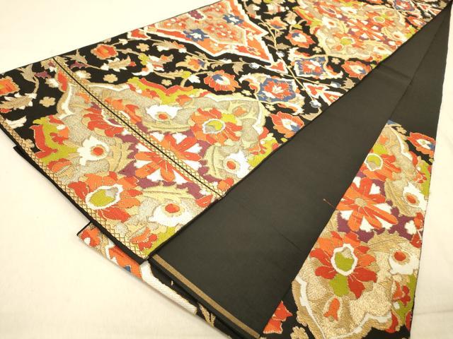 平和屋着物◎六通柄 本袋帯 更紗花文 黒地 金糸 正絹 逸品 DAAY4445jm