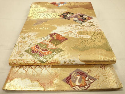 平和屋着物◎六通柄袋帯 松皮菱花蝶文 金糸 正絹 逸品 DAAY4447jm