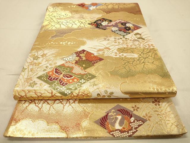 平和屋着物◎六通柄袋帯 松皮菱花蝶文 金糸 正絹 逸品 DAAY4447jm