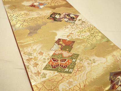 平和屋着物◎六通柄袋帯 松皮菱花蝶文 金糸 正絹 逸品 DAAY4447jm