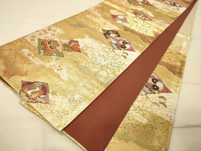 平和屋着物◎六通柄袋帯 松皮菱花蝶文 金糸 正絹 逸品 DAAY4447jm