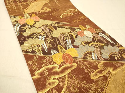 平和屋着物◎六通柄袋帯 渡橋吉祥花文 金糸 引箔 正絹 逸品 DAAY4454jm